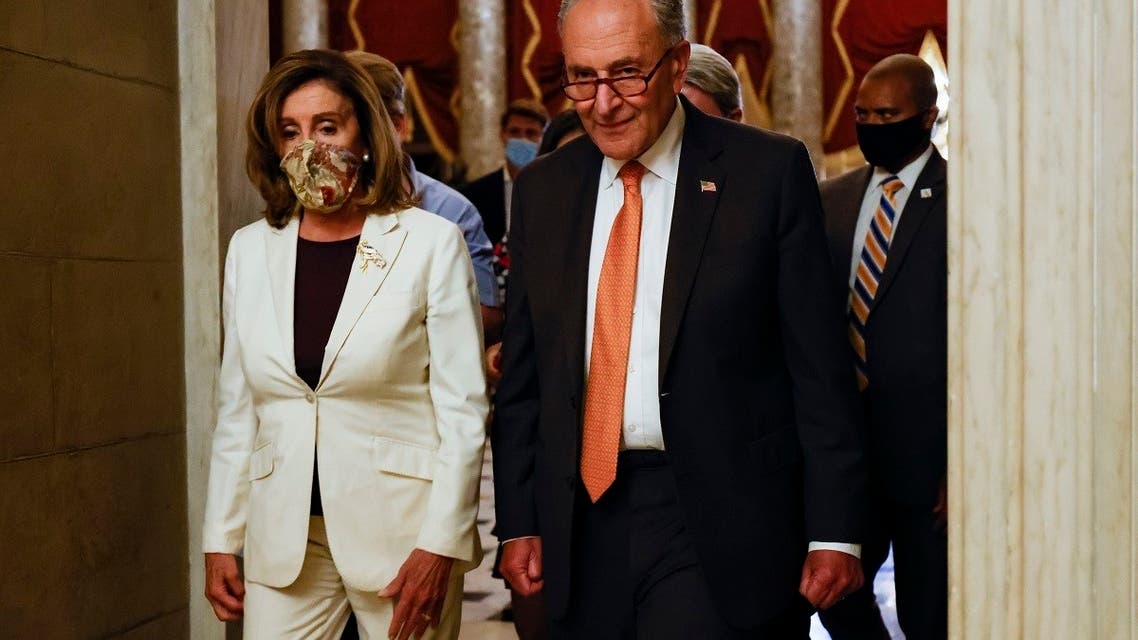 Senate Minority Leader Chuck Schumer and House Speaker Nancy Pelosi after negotiations with Treasury Secretary Steven Mnuchin and White House Chief of Staff Mark Meadows, Aug. 6, 2020. (AFP) 