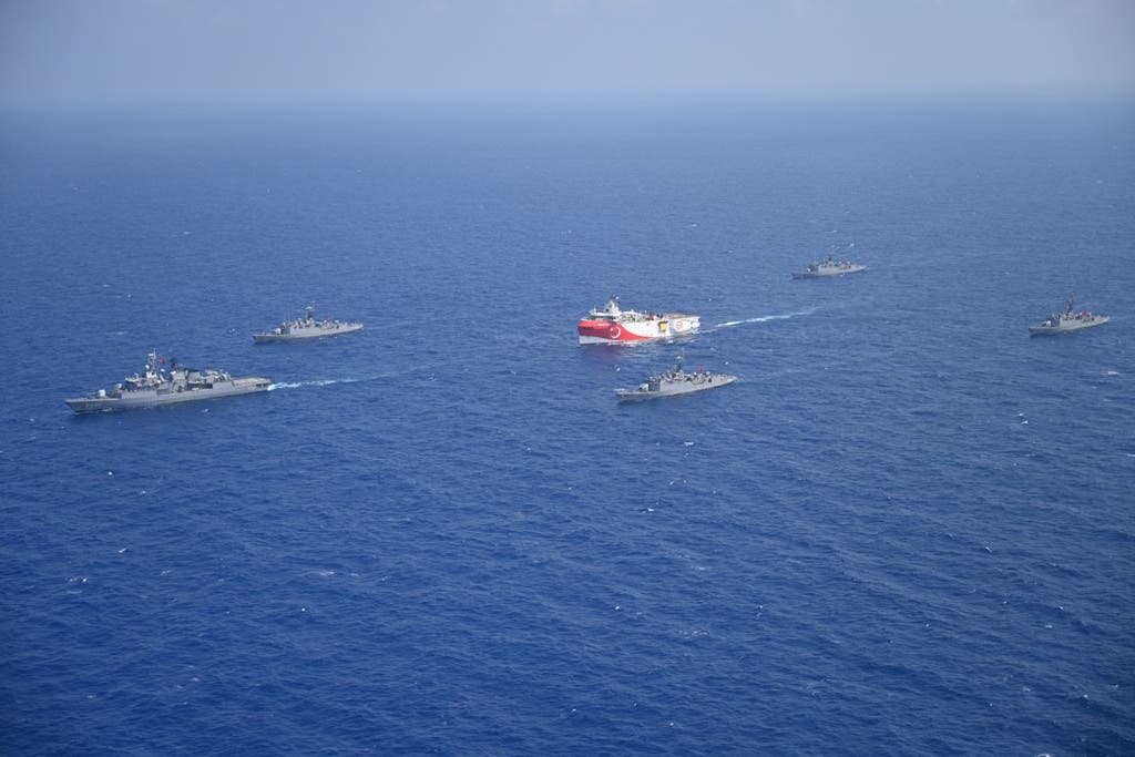 Turkish seismic research vessel Oruc Reis is escorted by Turkish Navy ships as it sets sail in the Mediterranean Sea, off Antalya, Turkey, August 10, 2020. Picture taken August 10, 2020. (Turkish Defence Ministry/Handout via Reuters)