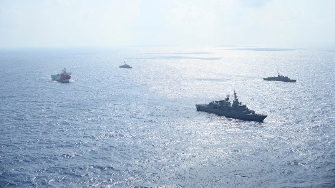 Turkish seismic research vessel Oruc Reis is escorted by Turkish Navy ships as it sets sail in the Mediterranean Sea, off Antalya, Turkey, August 10, 2020. Picture taken August 10, 2020. Turkish Defence Ministry/Handout via REUTERS ATTENTION EDITORS - THIS PICTURE WAS PROVIDED BY A THIRD PARTY. NO RESALES. NO ARCHIVE.