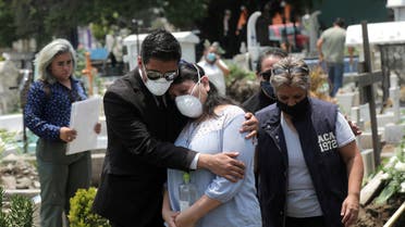 Relatives react near the coffin of a man, during his funeral at the local cemetery, as the coronavirus disease (COVID-19) outbreak continues in Mexico City, Mexico, August 6, 2020. REUTERS/Henry Romero TPX IMAGES OF THE DAY