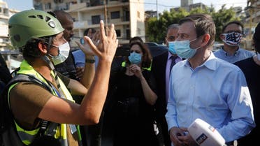 US Undersecretary of State for Political Affairs David Hale listens to an NGO volunteer during his visit to Beirut, Lebanon, Aug. 13, 2020. (AP)