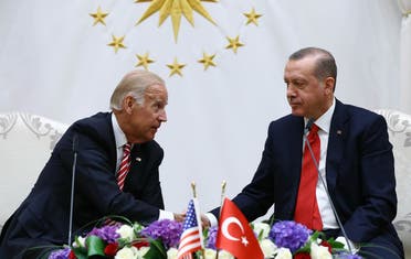Then-US Vice President Joe Biden (L) and Turkish President Recep Tayyip Erdogan (R) speaking at the Turkish Presidential Complex in Ankara during a press conference on August 24 2016. (AFP)
