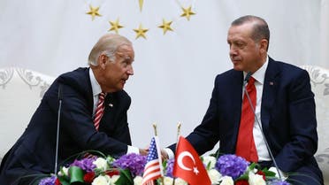 This handout picture taken and released on August 24, 2016 shows US Vice President Joe Biden (L) and Turkish President Recep Tayyip Erdogan (R) speaking at the Turkish Presidential Complex in Ankara during a press conference. (AFP/Turkey's Presidential Press Service/Kayhan Ozer)