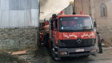 A fire engine is seen as the firefighters try to extinguish a fire that broke out at an Iranian industrial area near Tehran, Iran August 4, 2020. (West Asia News Agency/ WANA via REUTERS)