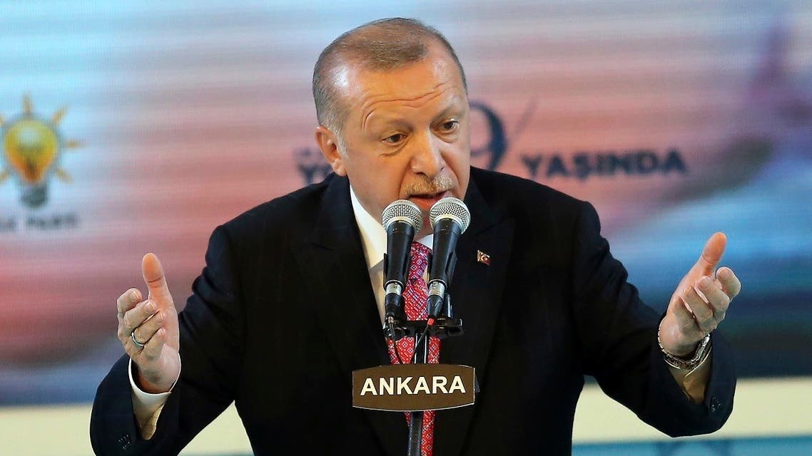 Turkish President and Leader of Turkey's ruling Justice and Development (AK) Party Recep Tayyip Erdogan gestures as he delivers a speech during an event held for the AK Party's 19th foundation anniversary in Ankara, on August 13, 2020. (AFP)