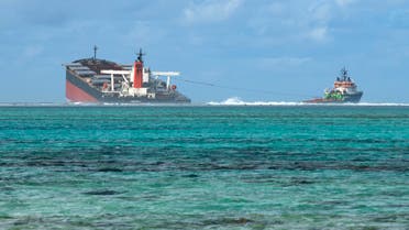FILE PHOTO: A general view shows the bulk carrier ship MV Wakashio, that ran aground on a reef, at Riviere des Creoles, Mauritius, in this handout image obtained by Reuters on August 11, 2020. French Army command/Handout via REUTERS THIS IMAGE HAS BEEN SUPPLIED BY A THIRD PARTY./File Photo
