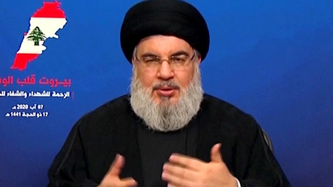 Hezbollah’s Hassan Nasrallah gives a televised speech following Tuesday's blast in Beirut's port area, Aug. 7, 2020. (Reuters)