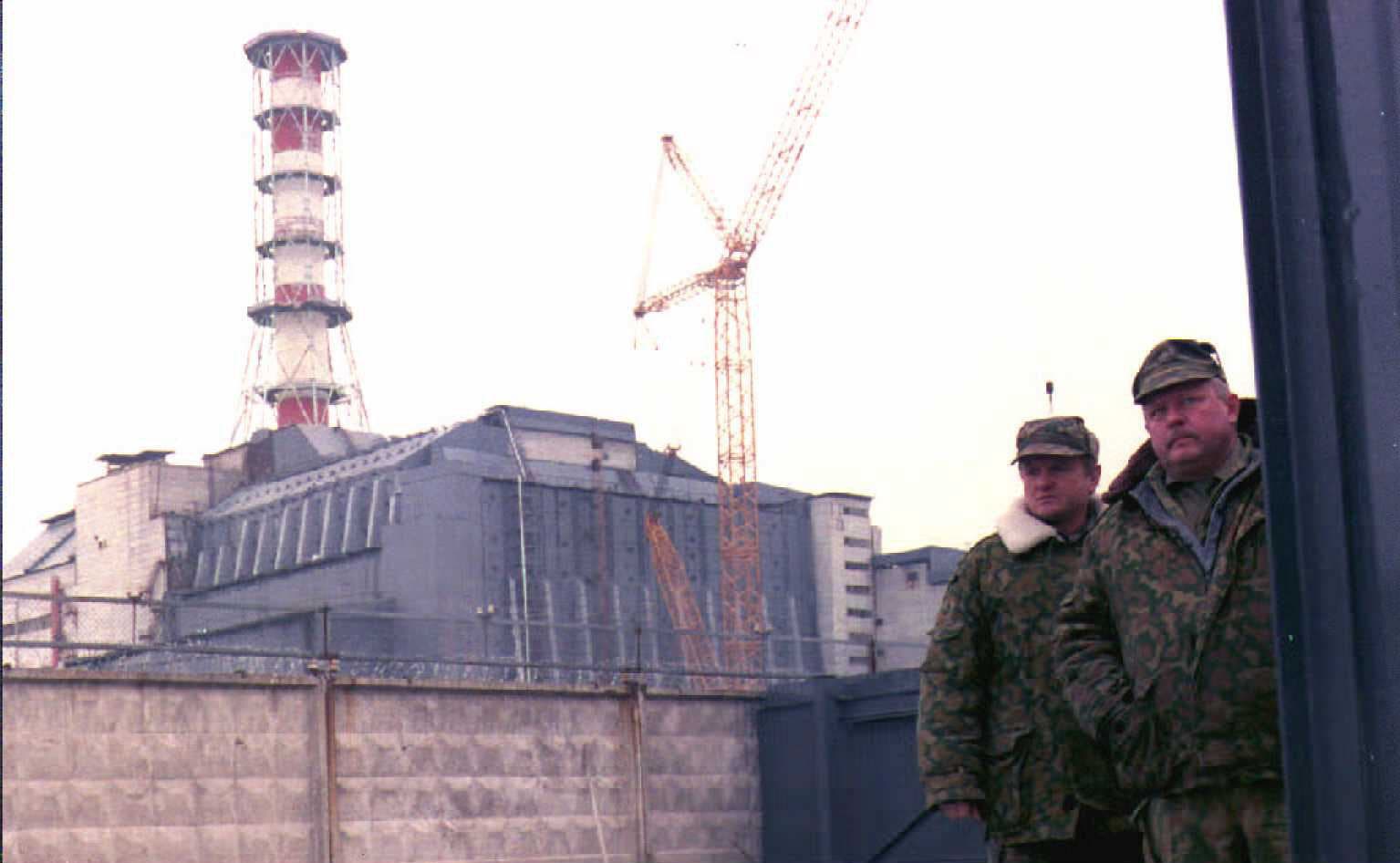 Security personnel guard the entrance of the Chernobyl Nuclear Power Plant, near Pripyat, Ukraine, in 1996. (AFP)