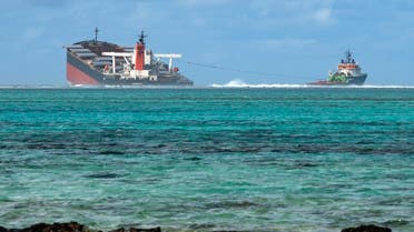 A picture taken on August 15, 2020 near Blue Bay Marine Park, shows the vessel MV Wakashio, belonging to a Japanese company but Panamanian-flagged, that ran aground near Blue Bay Marine Park off the coast of south-east Mauritius. (AFP)