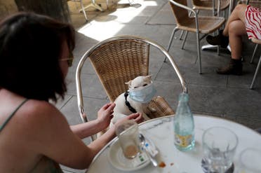 A woman puts a protective mask on a dog as she sits at an outdoor seating section of a restaurant. (Reuters)