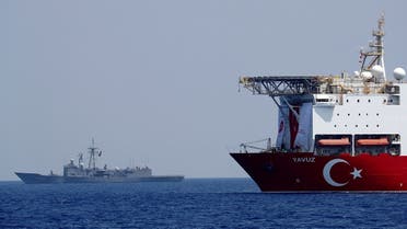 The Turkish drilling vessel Yavuz is seen being escorted by a Turkish Navy frigate in the eastern Mediterranean off Cyprus, August 6, 2019. (Reuters)