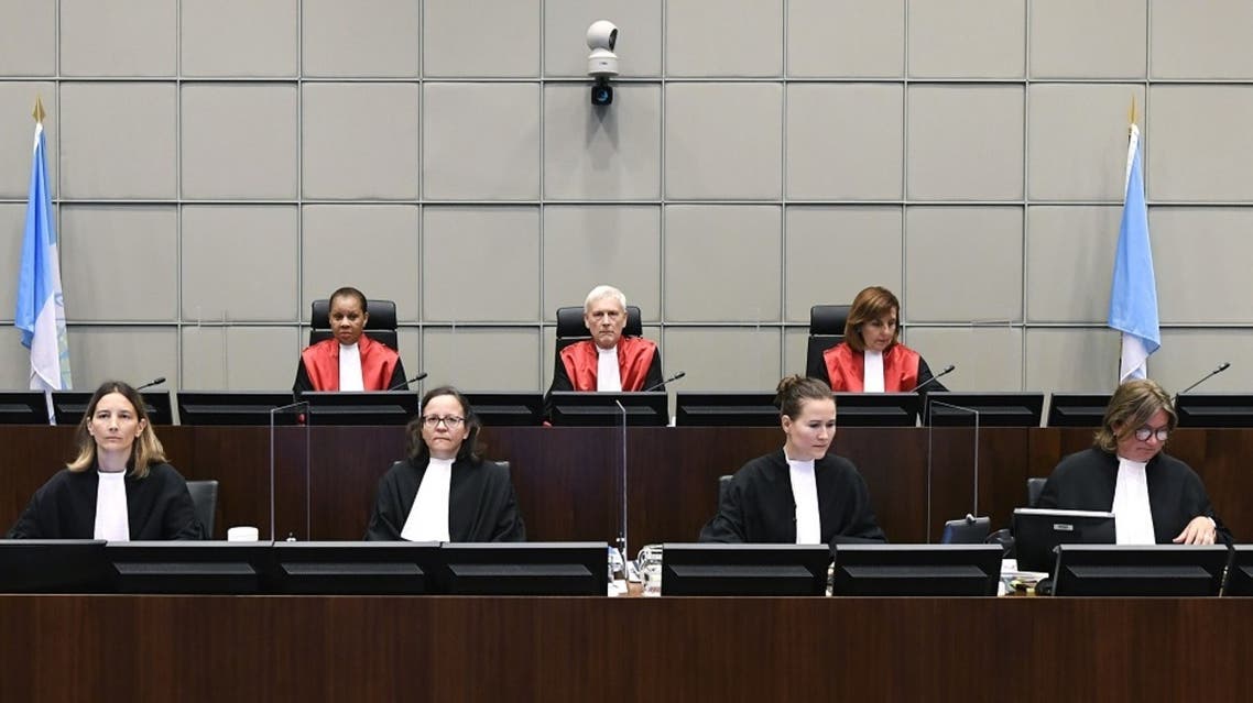 Judge Janet Nosworthy, Presiding Judge David Re and Judge Micheline Braidy attend a session of the UN-backed Special Tribunal for Lebanon (STL). (AFP)