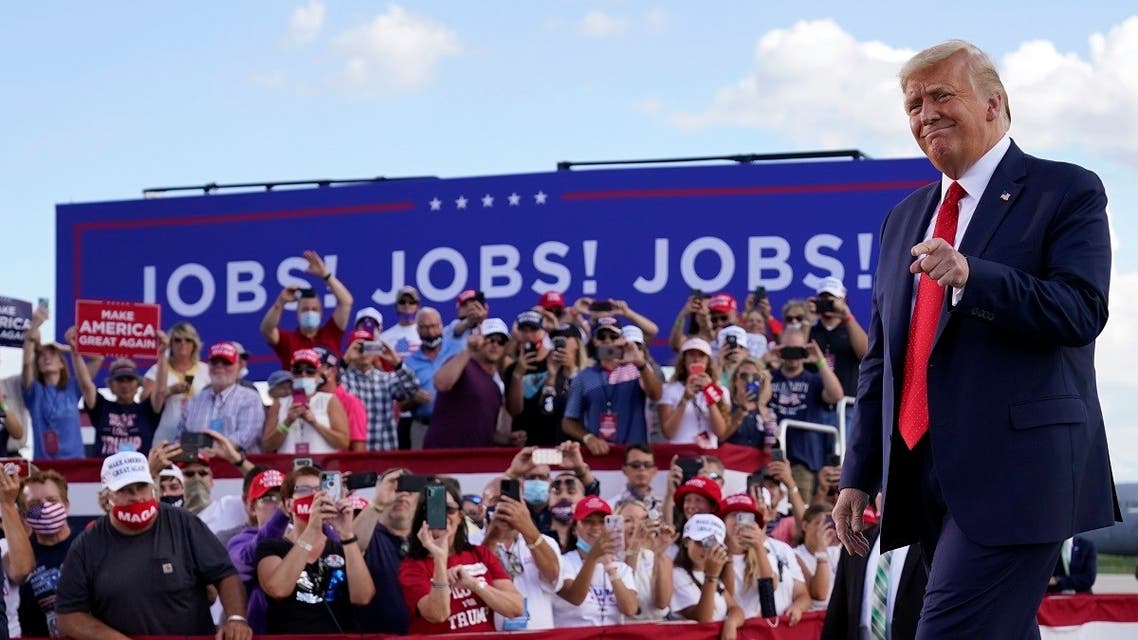 US President Donald Trump arrives to speak at a campaign rally, Aug. 17, 2020, in Oshkosh, Wisconsin. (AP)