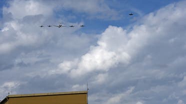 Eurofighter planes of the German Air force Luftwaffe, a Learjet and F-16 planes of the Israeli Air Force fly on August 18, 2020 in a formation over the air force's air base in Fuerstenfeldbruck near Munich, southern Germany, to commemorate the massacre at the 1972 Munich Olympics that left 11 Israelis dead. (AFP)