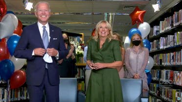 Joe Biden, accompanied by his wife Jill Biden, celebrates after being formally nominated as 2020 U.S. democratic presidential candidate in convention roll call during the virtual 2020 Democratic National Convention. (Reuters)