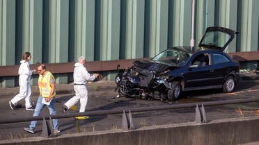 The site where a motorcycle crashed with a car, probably the car used by an alleged offender to cause several accidents on the A 100 highway in Berlin on August 19, 2020. (AFP)