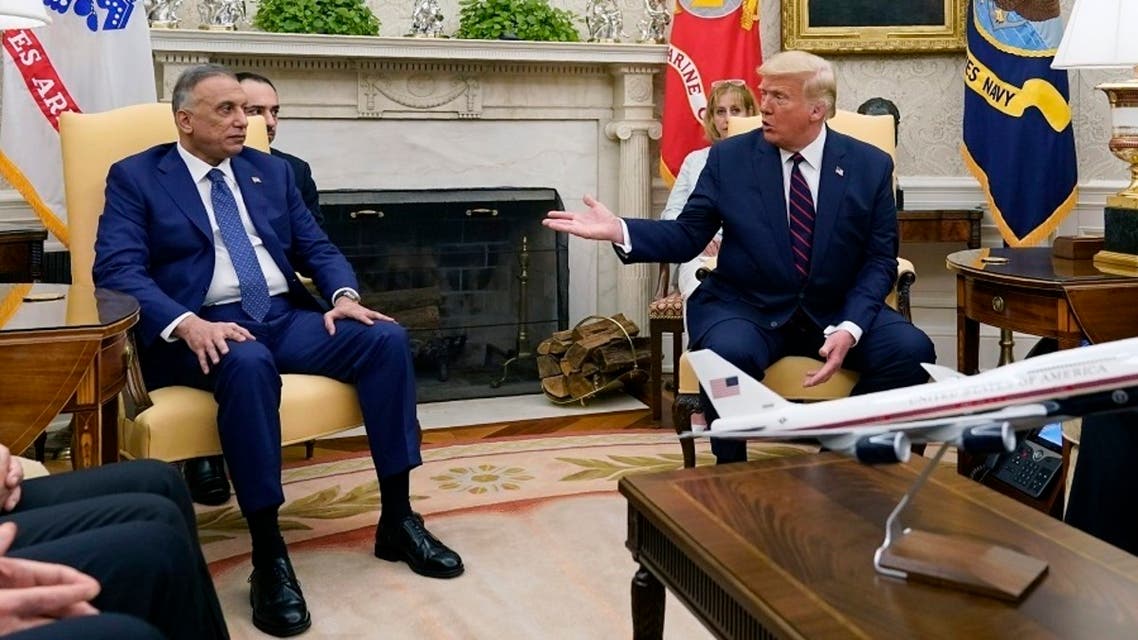 US President Donald Trump meets with Iraqi Prime Minister Mustafa al-Kadhimi at the White House, Aug. 20, 2020. (AP)