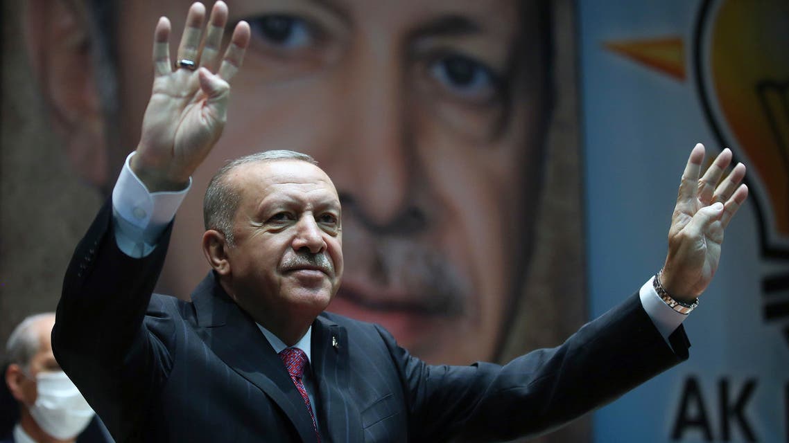 Turkey's President Recep Tayyip Erdogan gestures as he addresses his party members, in Ankara, Turkey on Aug. 13, 2020. (AP)