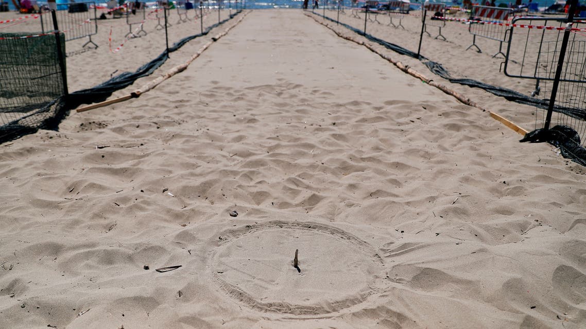The nesting site where baby turtles are expected to hatch from their eggs and make their way out to the Mediterranean sea is seen at Torvaianica beach, near Rome, Italy, August 21, 2020. (Reuters)