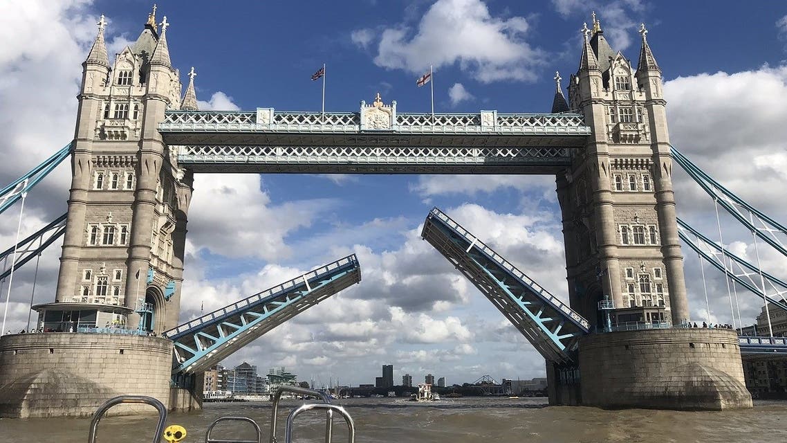 Traffic in central London was left gridlocked after Tower Bridge became stuck open for more than an hour on August 22, 2020, due to a “mechanical fault.” (AFP)