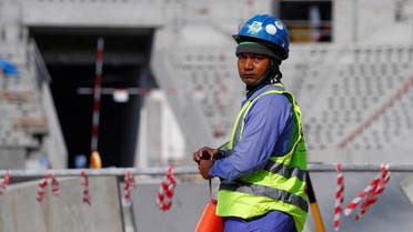 A worker is seen inside the Lusail stadium which is under construction for the upcoming 2022 FIFA World Cup. (Reuters)