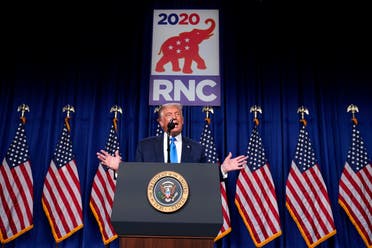 US President Donald Trump speaks on stage during the first day of the Republican National Committee convention, Aug. 24, 2020. (AP)