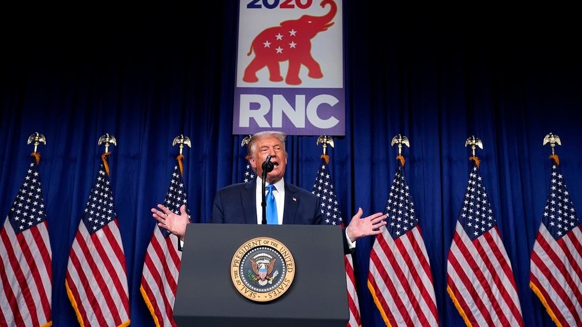 US President Donald Trump speaks on stage during the first day of the Republican National Committee convention, Aug. 24, 2020. (AP)