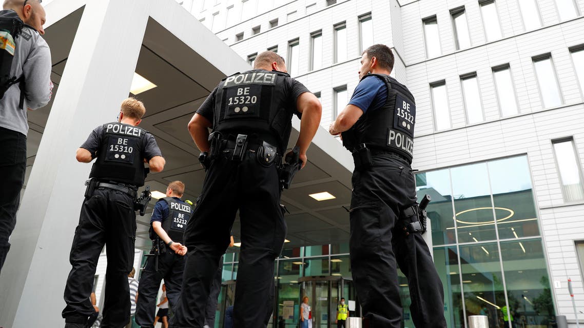 Police officers guard the surroundings of the Charite Mitte Hospital Complex, where Russian opposition leader Alexei Navalny is receiving medical treatment, in Berlin, Germany August 22, 2020. REUTERS/Fabrizio Bensch