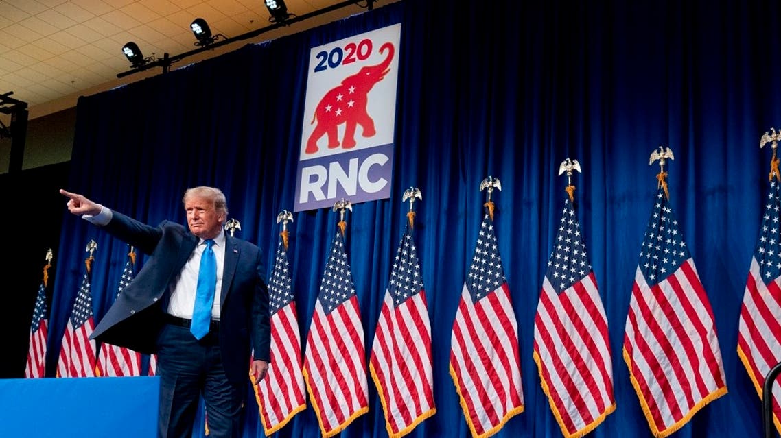US President Donald Trump points out into the audience after speaking during the Republican National Convention, Aug. 24, 2020. (AP)