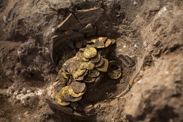 A hoard of gold coins discovered at an archeological site in central Israel, Tuesday, Aug 18, 2020. (AP)
