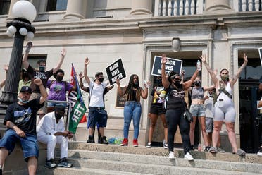 A group of Black Lives Matter protesters hold a rally on the steps of the Kenosha County courthouse, August 24, 2020, in Wisconsin. (AP)