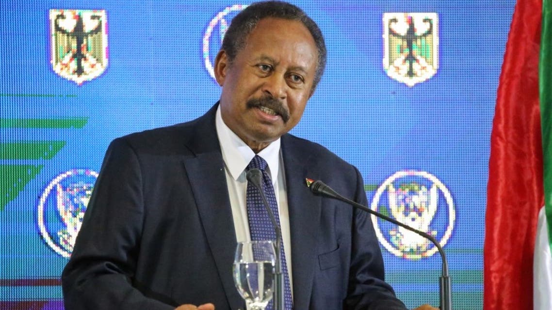 In this file photo taken on February 27, 2020, Sudanese Prime Minister Abdalla Hamdok speaks during a joint press conference with the German president in Sudan's capital Khartoum. (AFP)