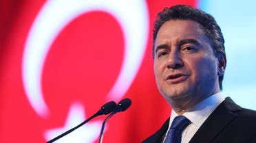 Ali Babacan, former Turkish minister and erstwhile ally to the Turkish President, presents his Democracy and Progress Party -- whose Turkish initials DEVA mean 'remedy' -- at a launching ceremony in the capital Ankara on March 11, 2020. (AFP)