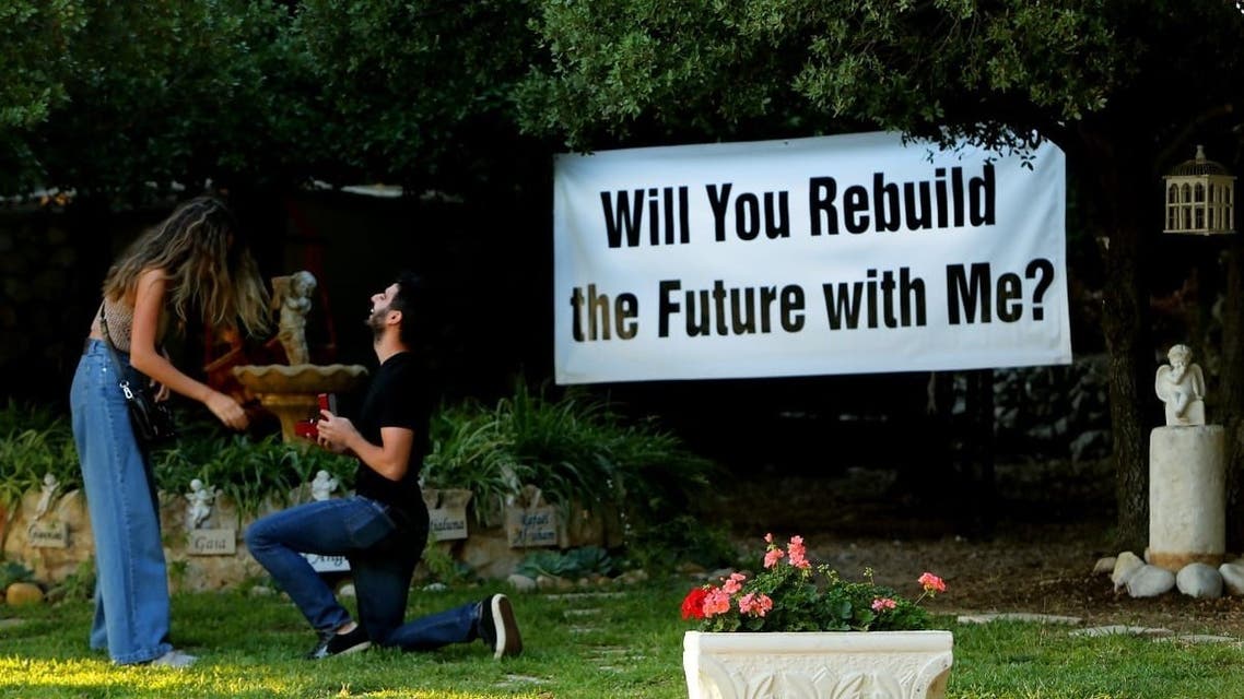 Rayan Aouad proposes to his girlfriend Lutchiana Tawil north of Beirut. (Supplied)