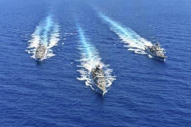 A handout photo released by the Greek National Defence Ministry on August 26, 2020 shows ships of the Hellenic Navy taking part in a military exercise in the eastern Mediterranean Sea, on August 25, 2020. (AFP)