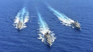 A handout photo released by the Greek National Defence Ministry on August 26, 2020 shows ships of the Hellenic Navy taking part in a military exercise in the eastern Mediterranean Sea, on August 25, 2020. Greece said it will launch military exercises on August 25 with France, Italy and Cyprus in the eastern Mediterranean, the focus of escalating tensions between Athens and Ankara. The joint exercises south of Cyprus and the Greek island of Crete will last three days, the defence ministry said. The discovery of major gas deposits in waters surrounding Crete and Cyprus has triggered a scramble for energy riches and revived old rivalries between NATO members Greece and Turkey.