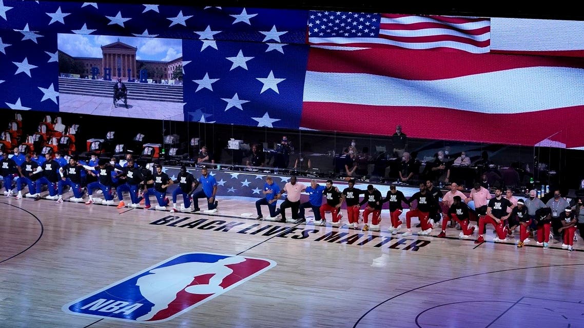 Players kneel in honor of the Black Lives Matter movement during the playing of the national anthem, Aug. 12, 2020 in Florida. (AP)