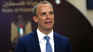 British Foreign Secretary Dominic Raab speaks during a joint news conference with Palestinian Prime Minister Mohammad Shtayyeh (not pictured) in Ramallah, in the Israeli-occupied West Bank August 25, 2020. (Reuters)