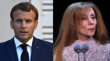 French President Emmanuel Macron, left, and Lebanese singer Fairuz. (AFP)