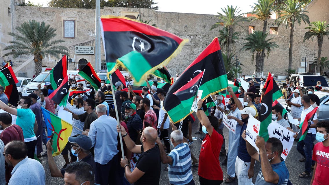 Demonstrators march during an anti-government protest in Tripoli, Libya, August 25, 2020. REUTERS/Hazem Ahmed NO RESALES. NO ARCHIVES