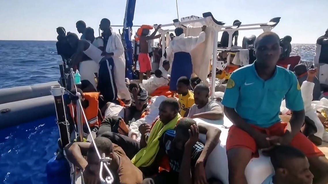 This image grab from a video obtained on August 29, 2020, from the Twitter account @MVLouiseMichel shows migrants onboard the Banksy-funded MV Louise Michel rescue vessel in the Mediterranean Sea. (AFP/MV Louise Michel)