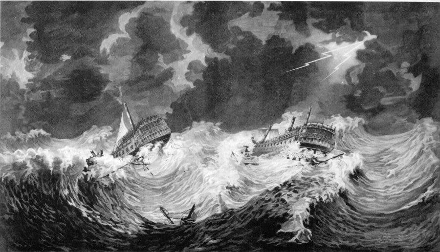 لوحة تجسد معاناة السفن البريطانية خلال اعصار عام 1780