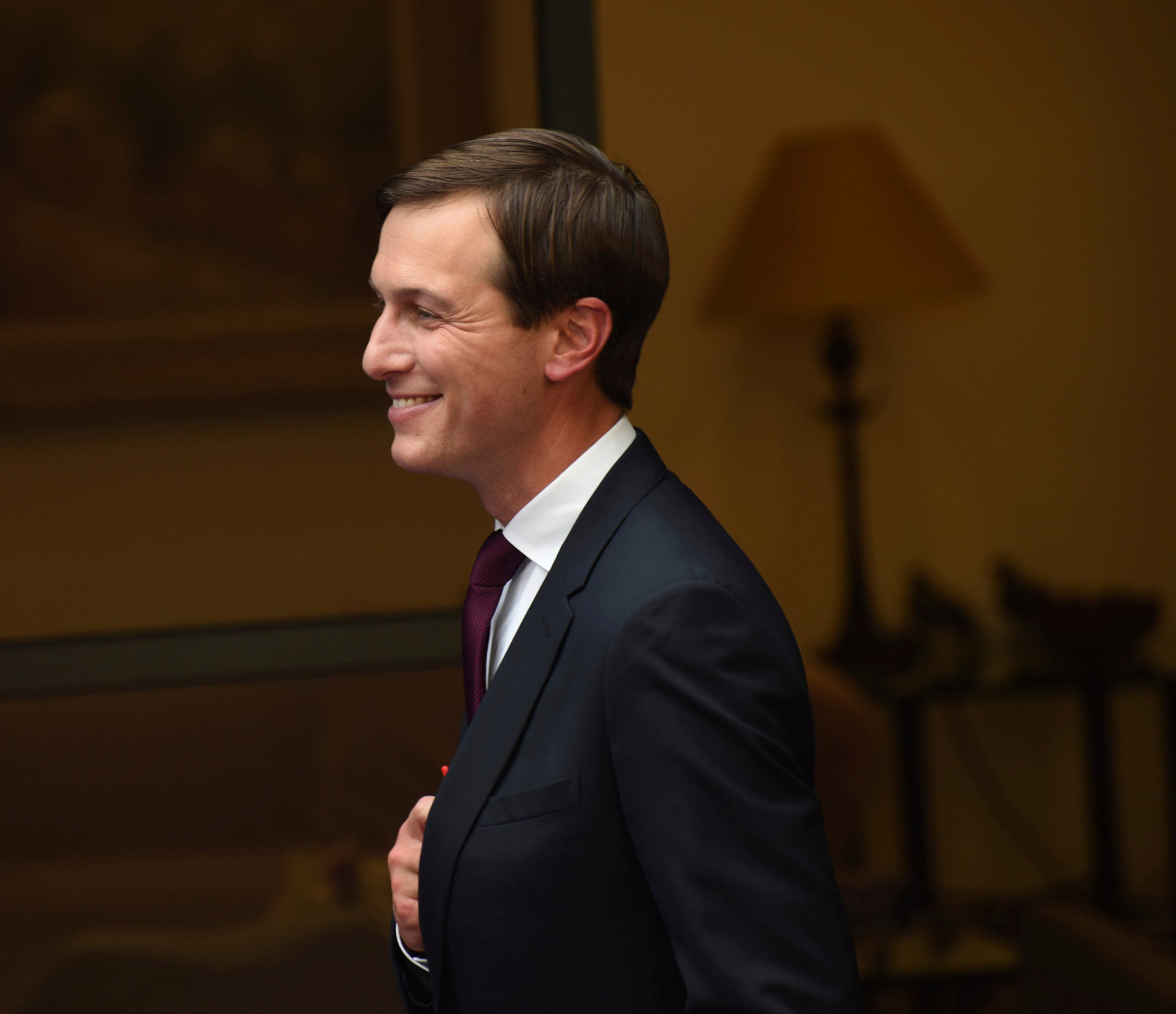 White House adviser Jared Kushner smiles after giving joint statements with Israeli Prime Minister Benjamin Netanyahu to the press about the Israeli-United Arab Emirates peace accords, in Jerusalem on Aug. 30, 2020. (AP)