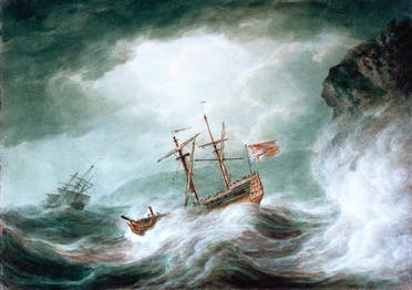 رسم تخيلي لإحدى السفن أثناء مصارعتها للأمواج في عرض البحر