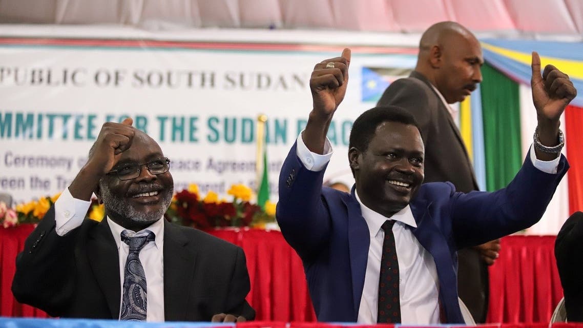 Dr. Gibril Ibrahim Mohammed is the leader of the Justice and Equality Movement (JEM) and Sudan Liberation Movement/Army (SLM/A), Minni Arko Minnawi gesture after the signing of a peace agreement in Juba, South Sudan, on August 31, 2020. (Reuters)