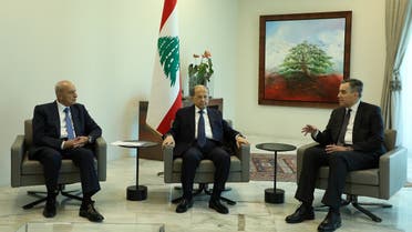 Designated Prime Minister Mustapha Adib, meets with Lebanon's President Michel Aoun and Lebanese Speaker of the Parliament Nabih Berri at the presidential palace in Baabda, Lebanon August 31, 2020. (Reuters)