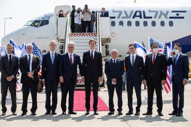 White House Adviser Jared Kushner and US National Security Adviser Robert O'Brien pose with members of the Israeli-American delegation before the departure to Abu Dhabi on August 31, 2020. (Reuters)