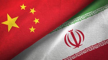 Iran and China two flags together realations textile cloth fabric texture stock photo