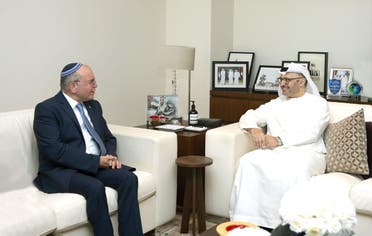 UAE’s Minister Anwar Gargash meets in Abu Dhabi with Israel’s head of the National Security Council Meir Ben Shabat. (WAM)
