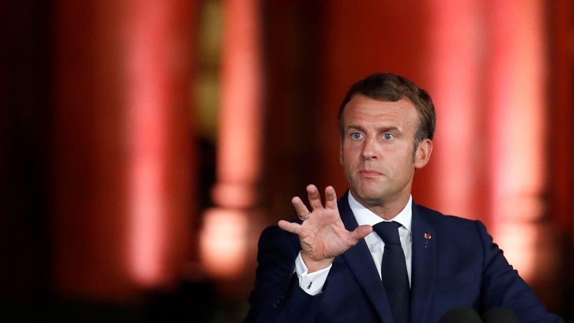 French President Emmanuel Macron speaks at a news conference, in Beirut on Sept. 1, 2020. (AFP)